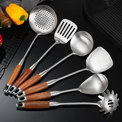6-Piece Professional Stainless Steel Kitchen Utensil Set With Wooden Handles, Wok Spatula, Ladle, Skimmer, Slotted Turner, Spaghetti Spoon, And Large Spoon For Cooking