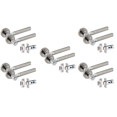  5 Pairs Titan Design Door Handles on Round Rose in Satin Nickel Polished Chrome with 2.5" Tubular Latch - 52mm Diameter