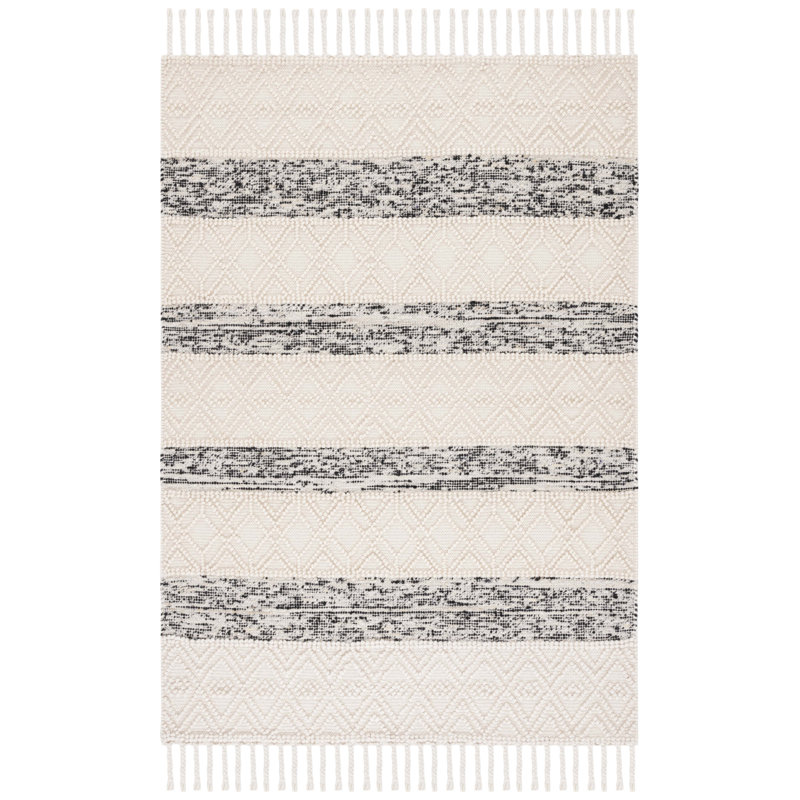 Tapis rayé en laine / coton fabriqué à la main en ivoire / noir Archie-John, Rectangle 4 pi x 6 pi