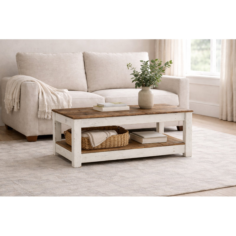 Table basse de 40 po en bois récupéré avec tablette | Table de cocktail rustique | Bois massif, entièrement assemblé, Blanc