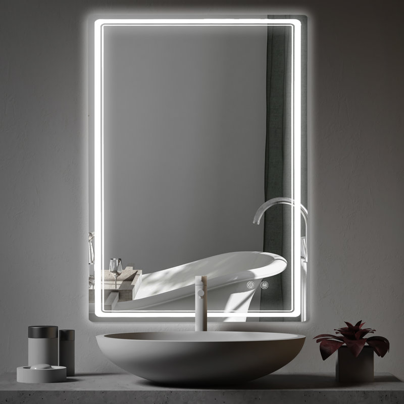 Dibbrun Frameless Lighted Bathroom Mirror, 27" x 36", Rectangle
