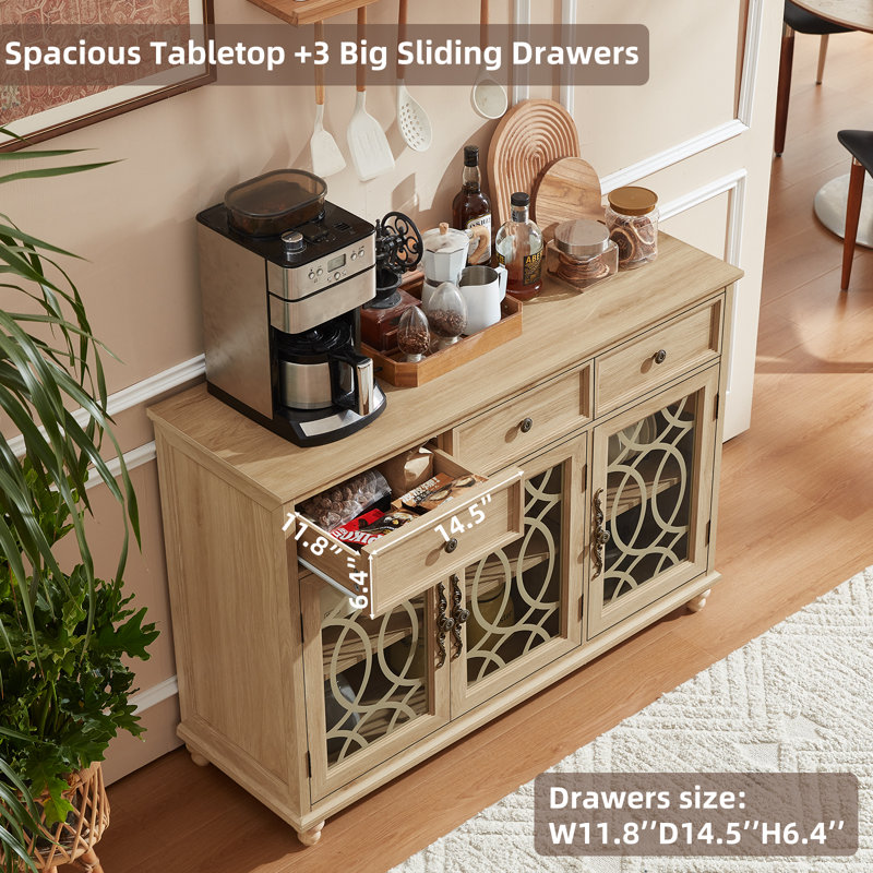 Sideboard Buffet Cabinet With Storage,48" Credenza With 3 Glass Doors & 3 Drawers,Adjustable Shelves Coffee Bar,Wood Kitchen Console Table For Dining Room,Living Room