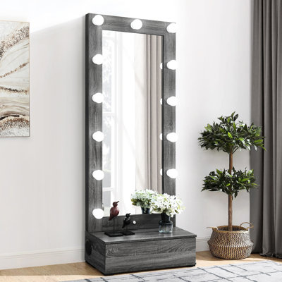 Miroir de plancher gris avec DEL, tiroir et haut-parleurs, bois massif et fabrication, idéal pour les petites maisons de grande taille, bois délavé et espaces de rangement appropriés