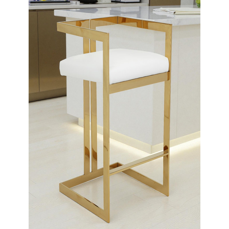 Tabouret de bar avec repose-pieds Kenzie, Doré, Simili cuir blanc, Tabouret de bar (siège d'une hauteur de 29,5 po)