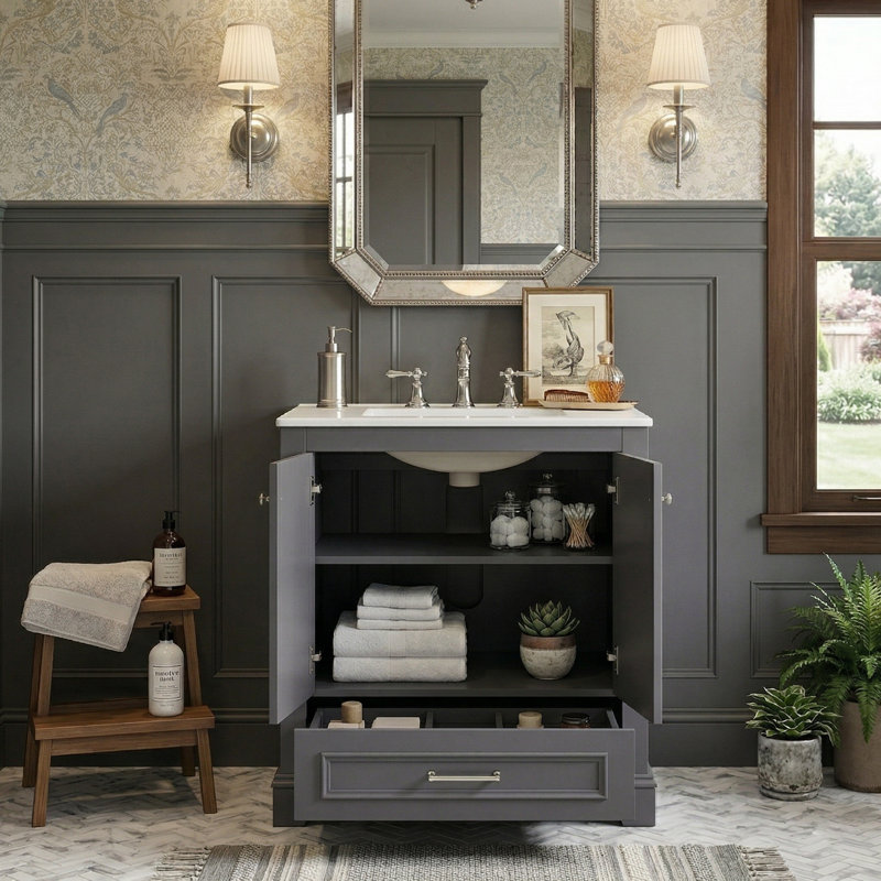 Meuble-lavabo autoportant 24 po avec lavabo en céramique, armoire en bois massif avec tablette réglable à 3 niveaux et portes à fermeture en douceur, 4 couleurs