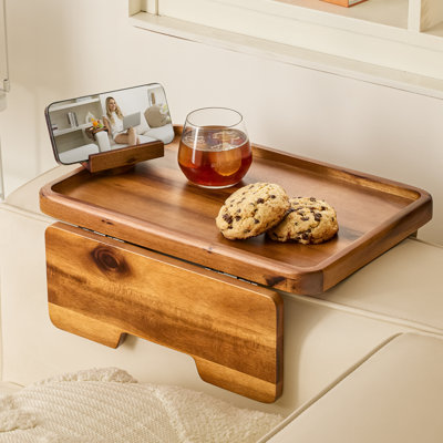 Acacia Wood Sofa Armrest Tray - Double Hinge Sofa Arm Tray Table Clip