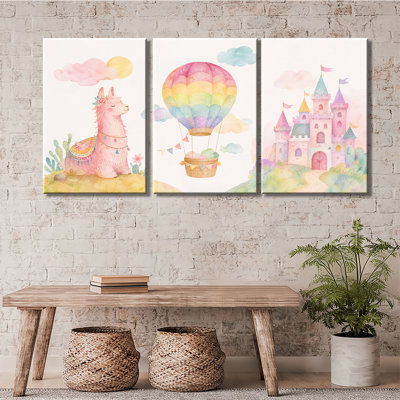 Toile, art mural, aquarelle, lama, montgolfière, château, chambre d'enfant, décoration murale