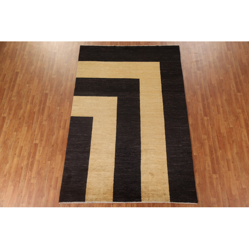 Tapis noir en laine noué à la main de conception unique 6 pi 8 po x 10 pi Bacall, L 80 po x L 120 po