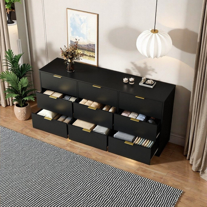 Commode 9 tiroirs 63 pouces, grande armoire de rangement avec tiroirs profonds, Noir, noir, noir, noir