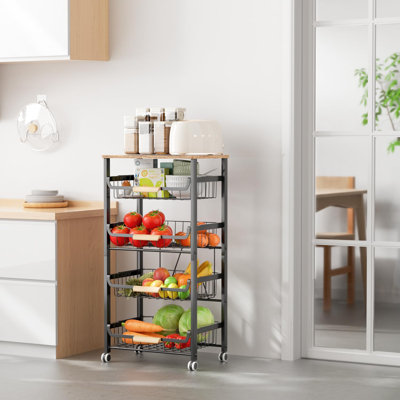Organisateur de rangement de nourriture à 5 couches pour panier de fruits et support de rangement, chariot de rangement empilable avec bureau, panier de rangement creux en métal coulissant, noir