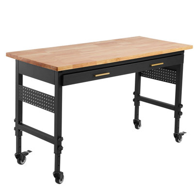 Établi réglable de 60 pouces, capacité de charge de 1500 lb, établi de garage avec tiroir, prise de courant, roues et panneau perforé, table de travail en bois de chêne robuste pour garage, atelier, bureau et maison
