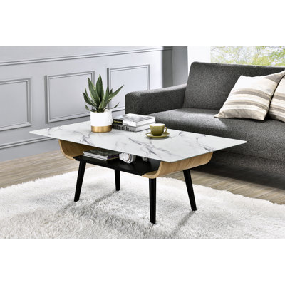 Landon 47" Coffee Table With Glass White Marble Texture Top And Bent Wood Design