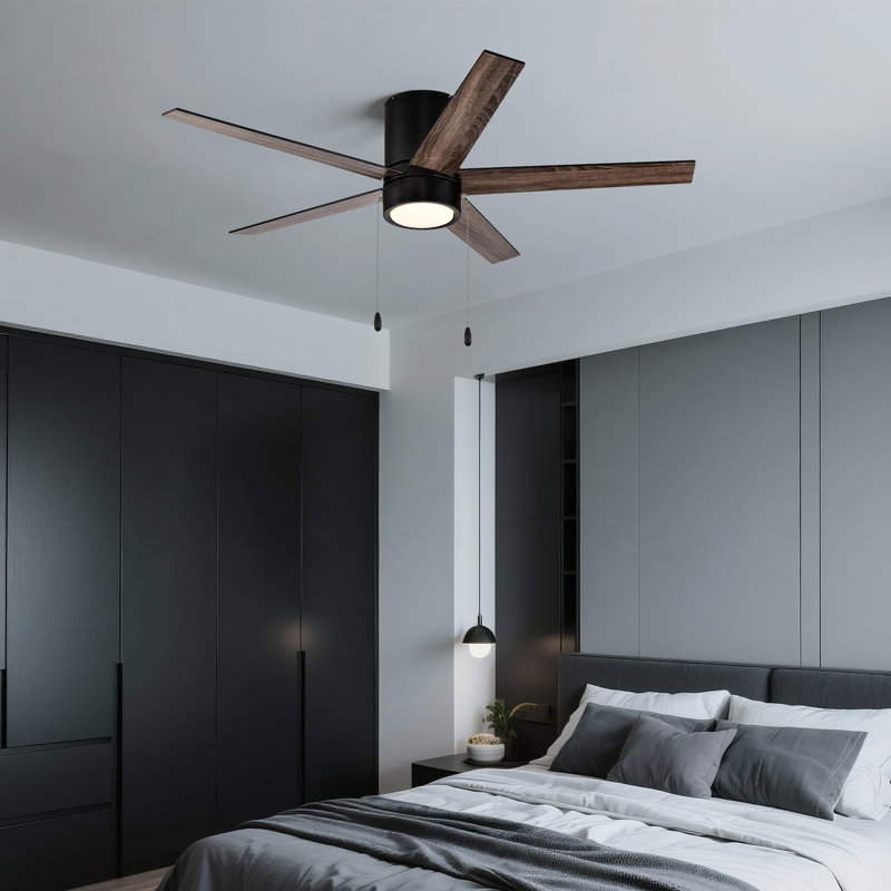 52 po Ventilateur de plafond d'intérieur encastré noir mat avec 5 pales, chaînette, Noir mat