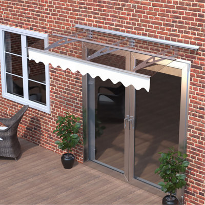 Auvent pour fenêtre de porte Series fabriqué en feuille de polycarbonate de cristal épais de 0,137 pouce et en alliage d'aluminium avec cantonnière de taille large x 34 po de profondeur pour la maison en béton à maçonnerie seulement.