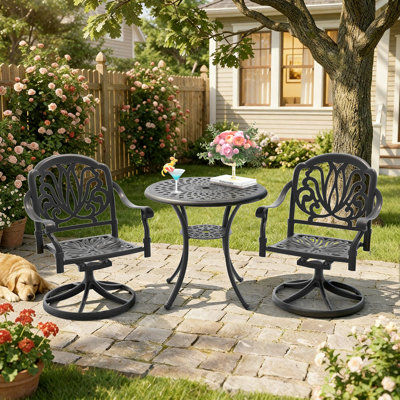 Ensemble de salle à manger bistro rond 3 pièces de 78 cm (30,71 po) avec trou pour parasol, 2 chaises pivotantes avec coussins bruns