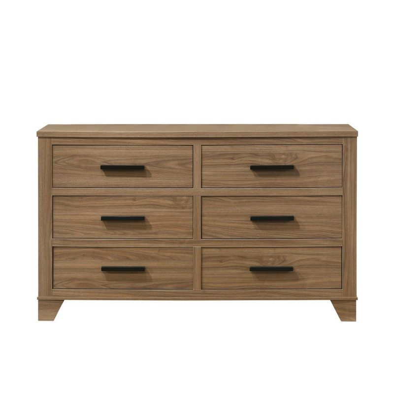 Commode avec miroir à six tiroirs couleur noyer et poignées de bar noires pour chambre à coucher de style transitionnel en bois
