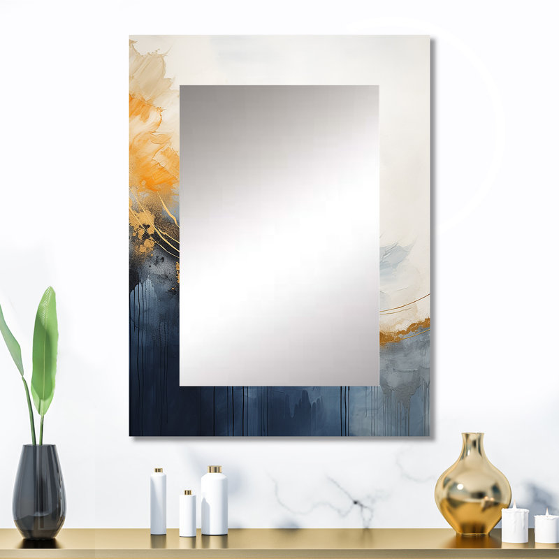 Tempête de marbre bleu et jaune V - peinture abstraite unique miroir mural, miroir bleu, impression sur métal, 32 po x 24 po