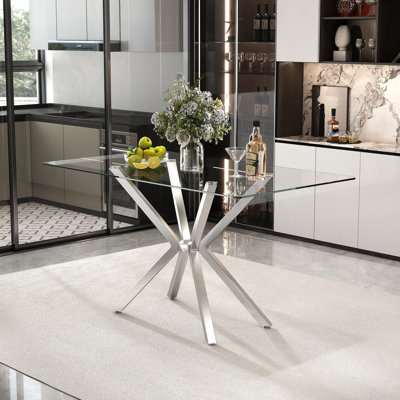 Table de salle à manger moderne en verre trempé de 47,24 po avec plateau en verre trempé et pieds en métal - Design minimaliste contemporain, idéal pour la salle à manger, la cuisine ou les petits espaces 