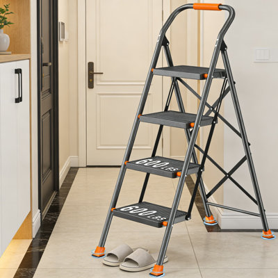 Heavy Duty 4 Step Folding Step Ladder With Handrails - 600 Lbs Capacity Alloy Steel Frame, Non-Slip Treads & Gravity Lock For Home, Kitchen, And Indoor Use