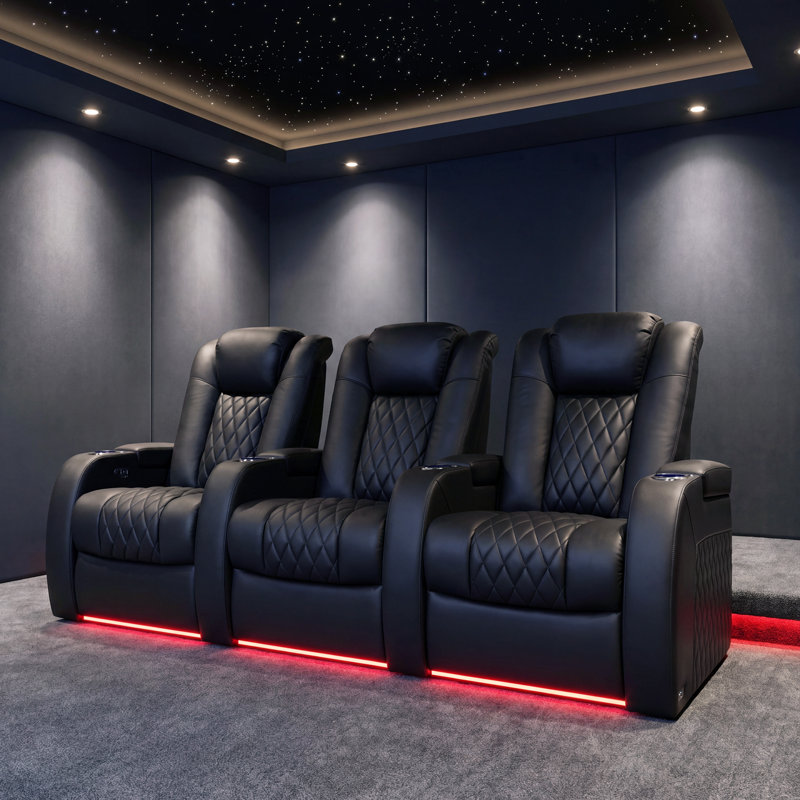 Siège de cinéma en cuir Ahlaya avec porte-gobelet, Cuir véritable noir