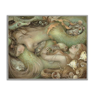 Two Mermaids Underwater Gray Framed Giclee Art by Christina P. Wyatt