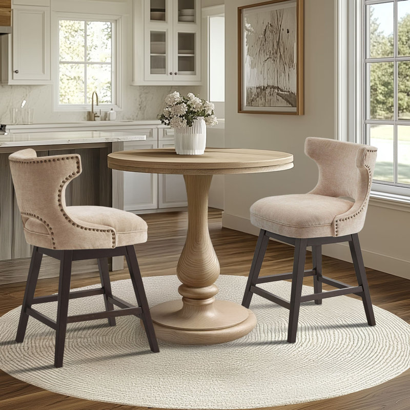 Emmett Beige 360-degree Swivel Counter Stool with Nailheads, Beige