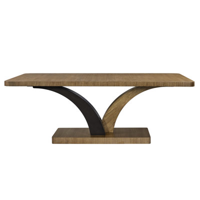 Table à piédestal en eucalyptus, base à double arche pour la profondeur esthétique, plateau rectangulaire à bords arrondis, couleur brun clair, bois massif +, 84 po de largeur, 30 po de hauteur, 235 lb de placages d'eucalyptus,