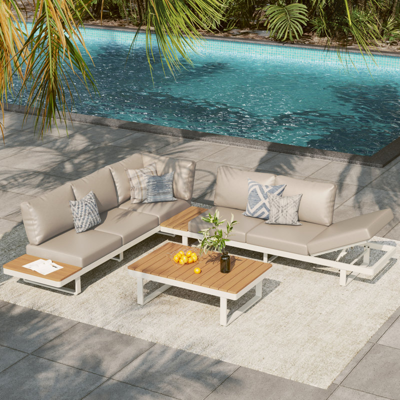 Canapé d'extérieur en aluminium avec table basse en bois de couleur teck, Coussin beige / structure beige