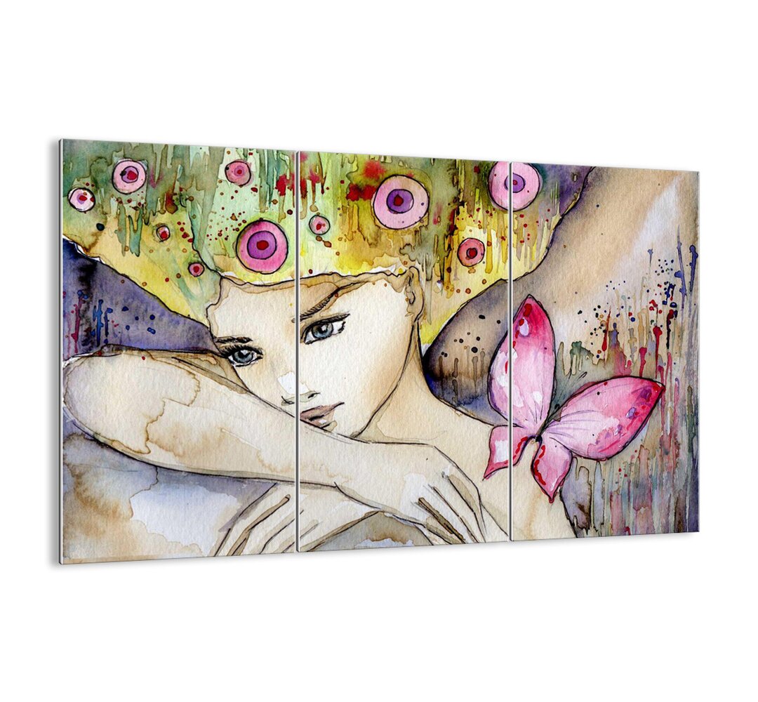 3-tlg. Glasbilder-Set - Grafikdruck „Butterfly Princess”