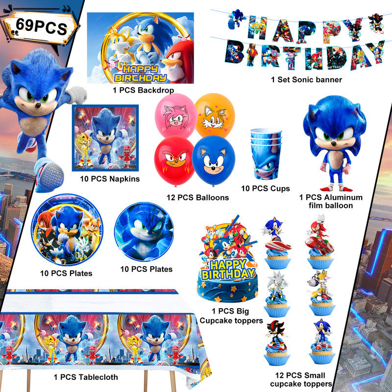 Sonic Birthday Party Supplies, 69Pcs Sonic Party Decorations & Sonic Party Tableware Set