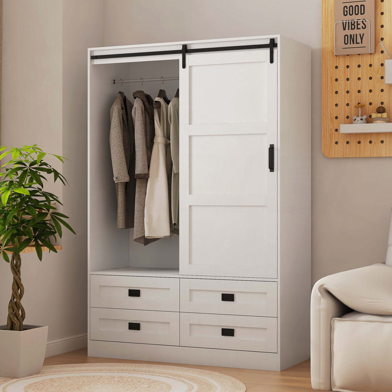 Garde-robe de grange avec tringle et tiroirs, Blanc