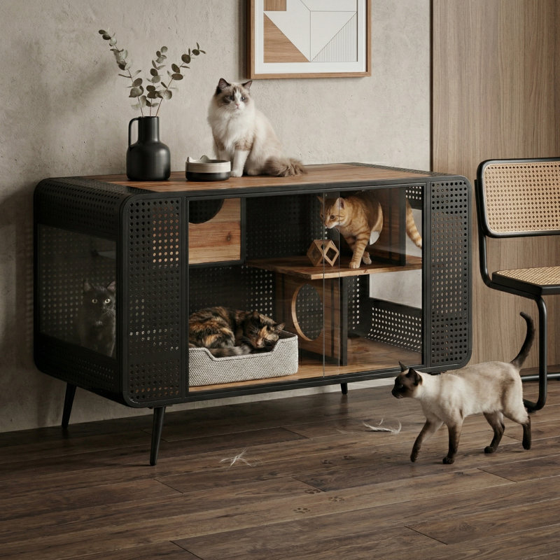 Maison pour chat spacieuse de 55,12 pouces avec verre trempé, pour le salon, le couloir, le bureau et plus encore