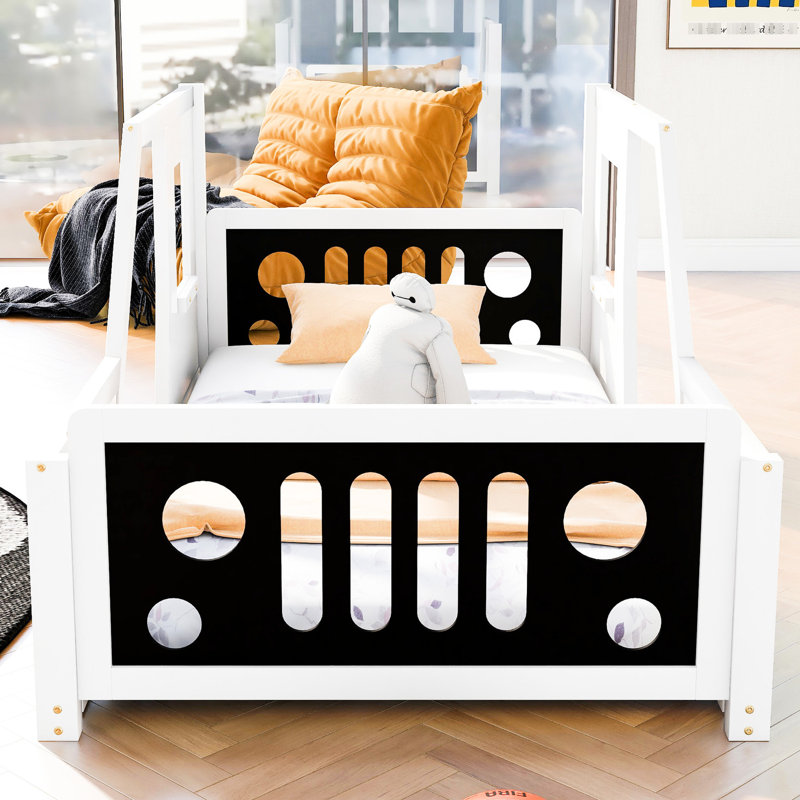 Lit plateforme classique en forme de voiture - Construit avec des portes en pin et des fenêtres pour une perspective charmante Matelas de support de rail à lattes