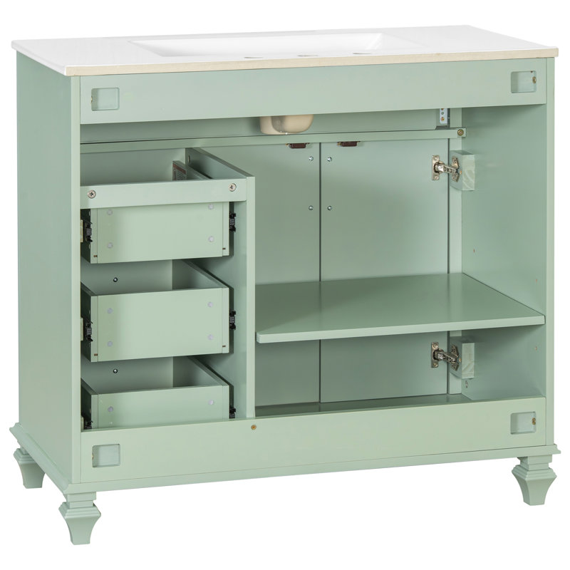 Meuble-lavabo de salle de bain avec lavabo, armoire de salle de bain en bois massif avec tiroir rabattable, 3 tiroirs et 2 portes, conception élégante avec poignées en métal doré, meuble-lavabo moderne en bois aggloméré pour le rangement de la salle de bain