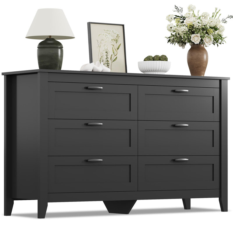 Commode moderne à 6 tiroirs l 54 po Serefina, commode en bois noir foncé avec pieds solides pour la chambre à coucher, grande commode double avec poignées en métal pour le placard ou le couloir