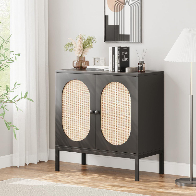 Rattan  Cabinet with Storage - Console Table for Dining Room. Living Room or Hallway, Black