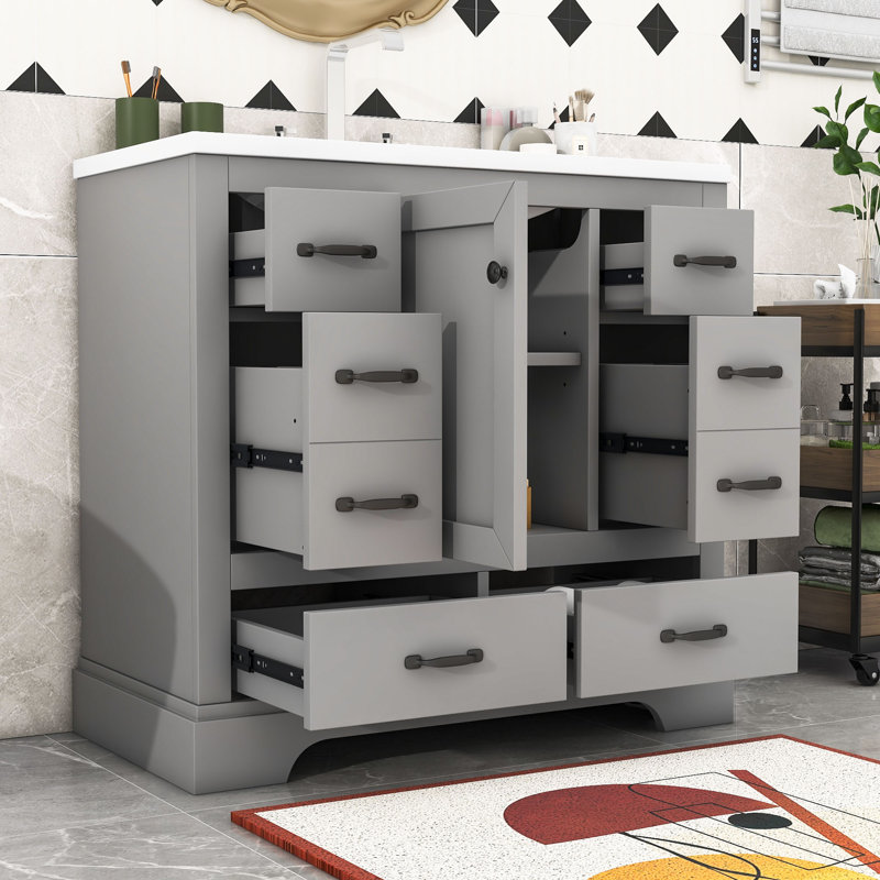 Meuble-lavabo simple autoportant moderne avec comptoir en céramique et rangement multifonctionnel Ciri, Gris
