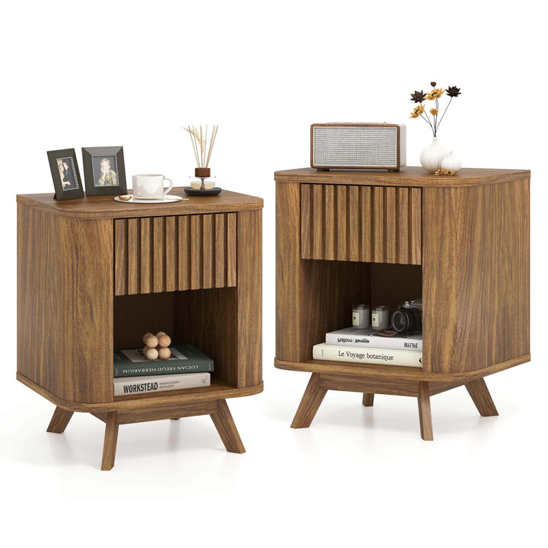 Wood Nightstand With Drawer & Open Shelf Storage Home Bedside Table For Bedroom, Set of 2