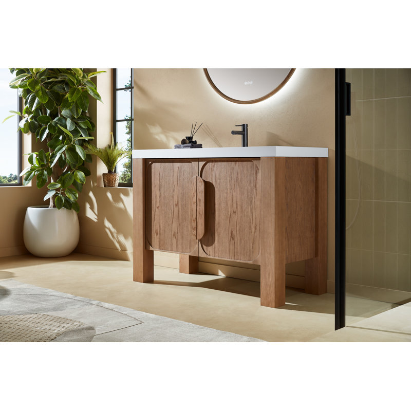 Meuble-lavabo simple 48 po Abella, Teck naturel, Blanc