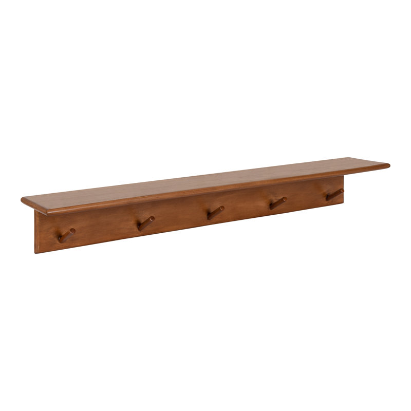 Shea Poplar Solid Wood Floating Shelf with Hooks, Walnut Brown