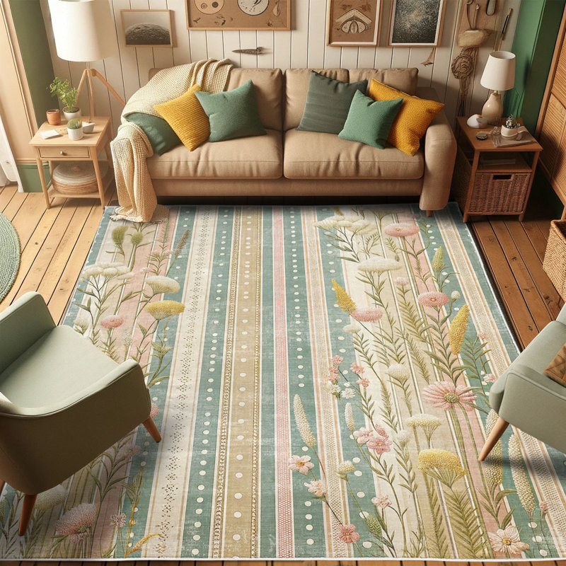 Cadet Blue and Blush Floral Synthetic Area Rug, 2'5" x 5'
