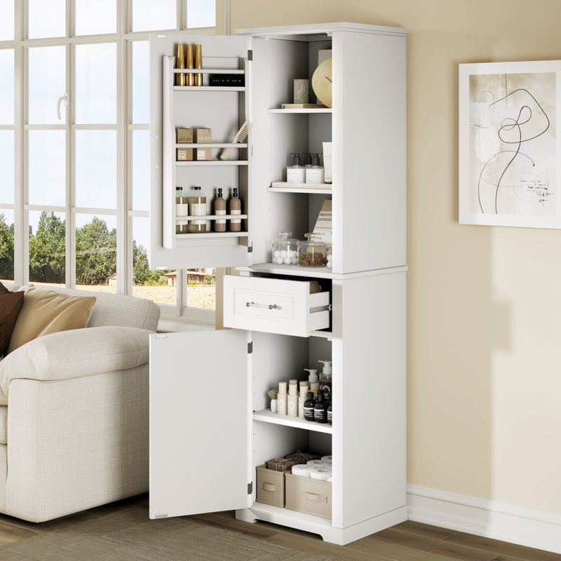 Freestanding Bathroom Storage Cabinet with 2 Different Size Doors and Adjustable Shelf, White