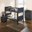 Lit transitionnel simple au-dessus d'un lit superposé avec réversible, bois franc brun anthracite massif, conception à lattes, tête de lit à panneaux, joint, mobilier de chambre à coucher en bois franc brun et mobilier avec serrure à insert