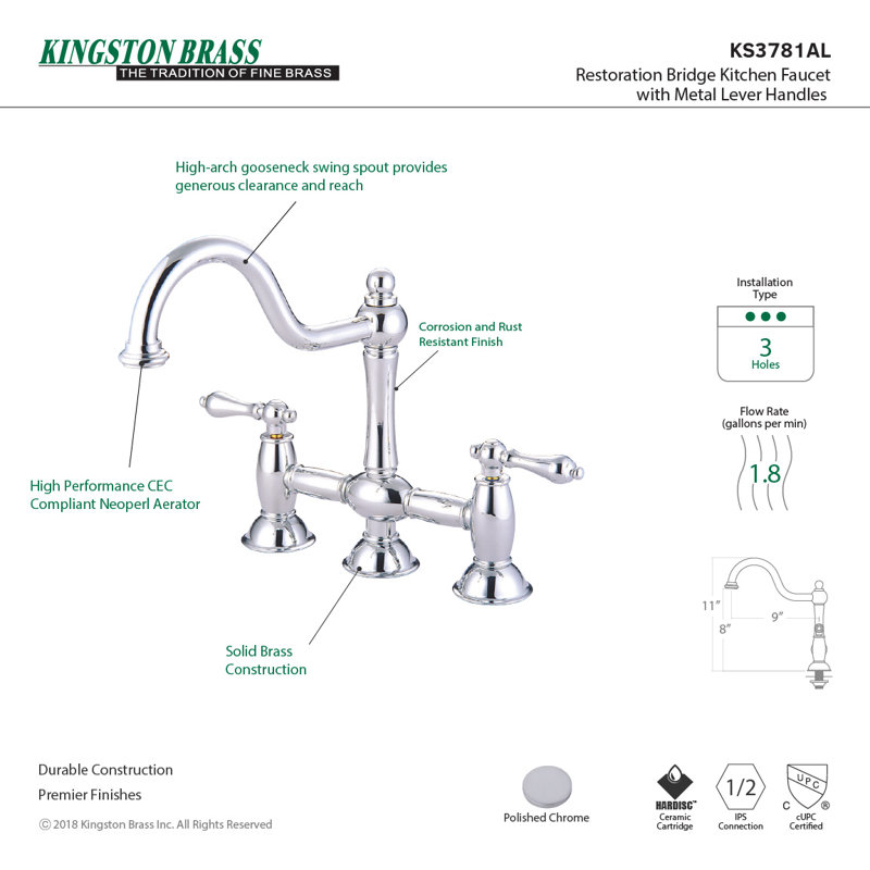 Kingston Brass Restoration Two-Handle Deck Mount Bridge Kitchen Faucet, Polished Brass, With Side Spray