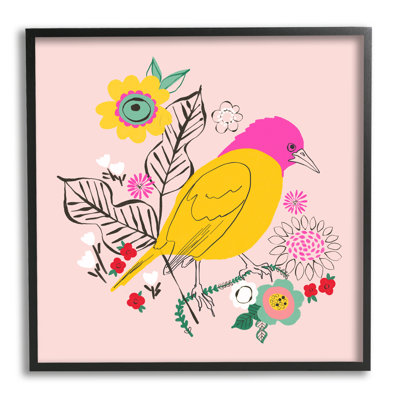 Oiseau floral rose et jaune - reproduction d'un seul cadre photo sur toile