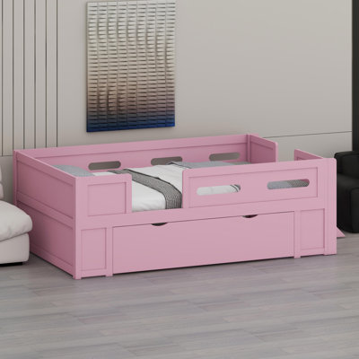 Sturdy Wood Bed Base Featuring Protective Side Rail and Under-Bed Drawer