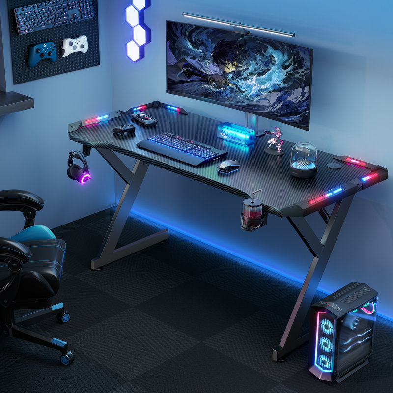 Grell Gaming Desk With LED Lights, 40" Home Office Gamer Desk, Ergonomic Computer Table With Large Carbon Fiber Surface Desktop, Office Workstation With Mouse Pad, Cup Holder & Headphone Hook, Black