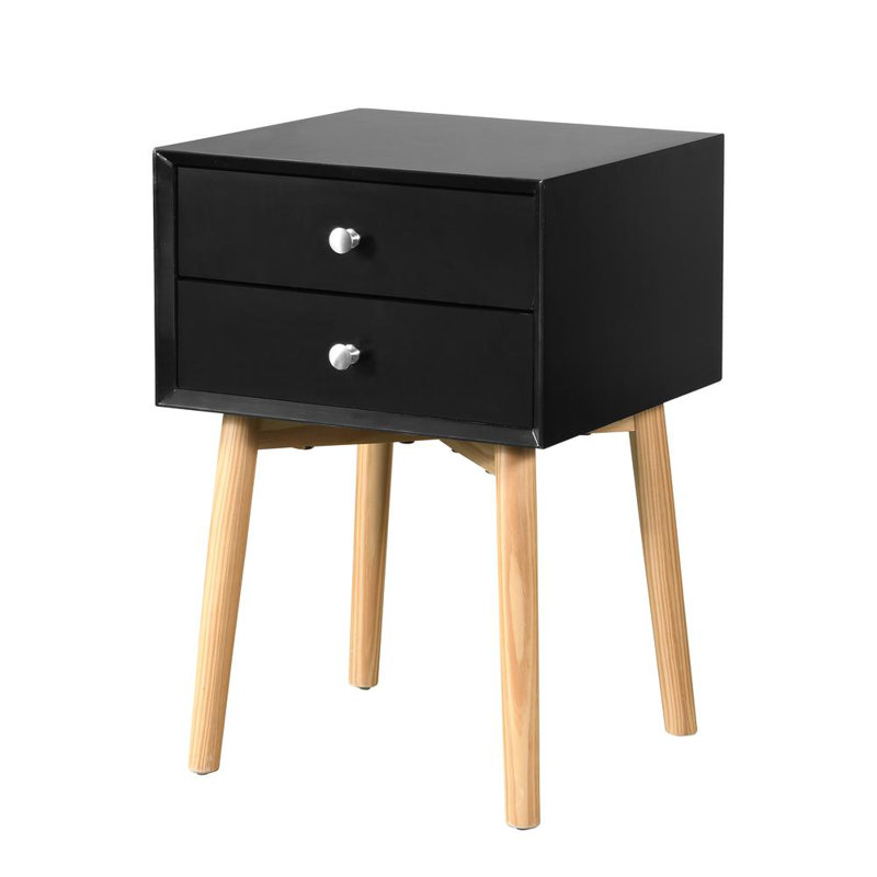 Mid Century Modern Design 2 Drawers Nightstand With Rubber Wood Legs