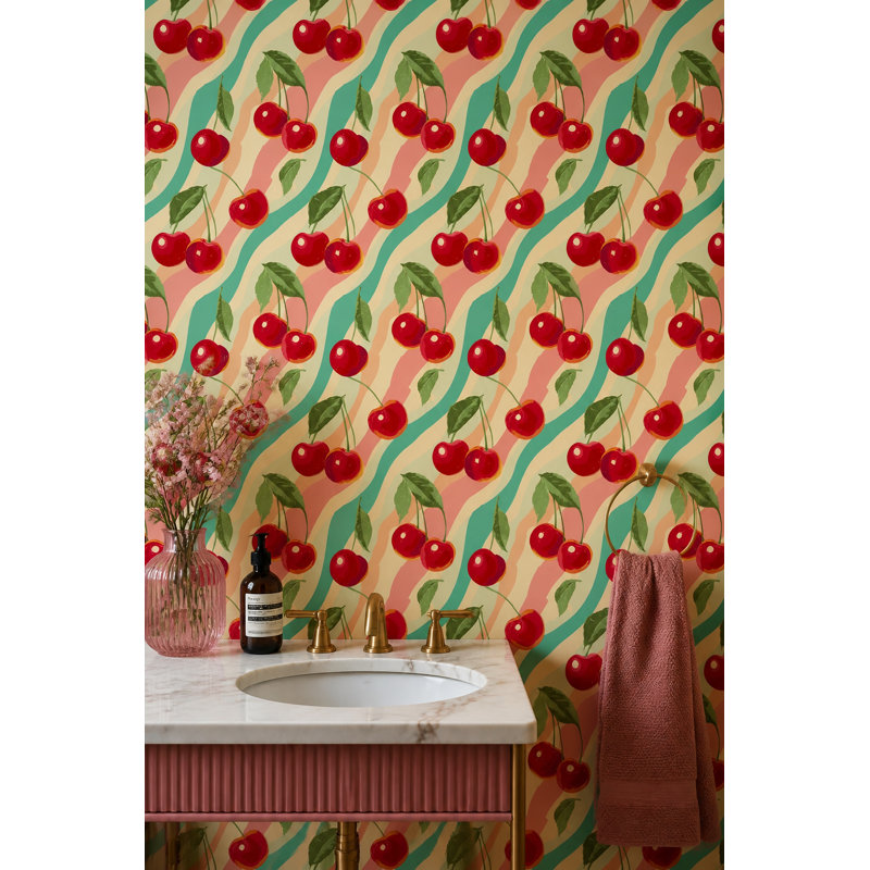 Papier peint à motifs de cerises, style rétro, amovible, Peel and Stick