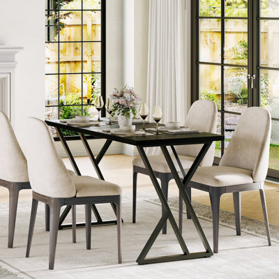 Table de salle à manger rectangulaire pour 4 personnes, longues tables de cuisine noires de 55 po avec plateau de table en bois imperméable à l'eau et à la poussière et structure en métal robuste, table de salle à manger rectangulaire industrielle - noire, SEULEMENT